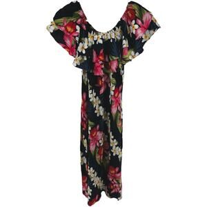 Vintage Two Palms Midi Dress Off The Shoulder Ruffle Floral Multicolor Small